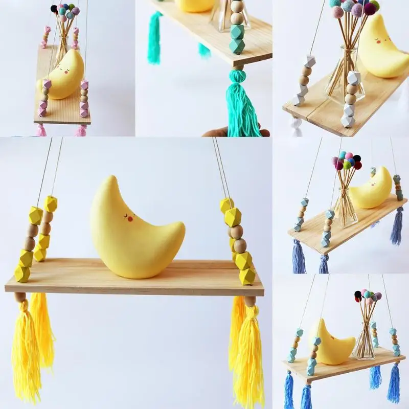 Деревянные полки с бусинами и кисточками в скандинавском стиле настенный