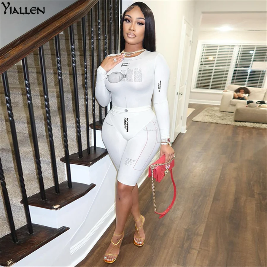 

Yiallen Fashion 2 Piece Set Women Full Sleeve Letter Print Skinny Strechy Zipper Bodysuit+Biker Shorts Activewear Outfits New