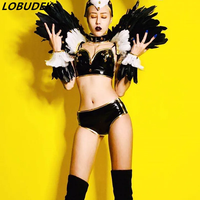 Искусственная кожа сценическая одежда черное перо броня танцевальный наряд