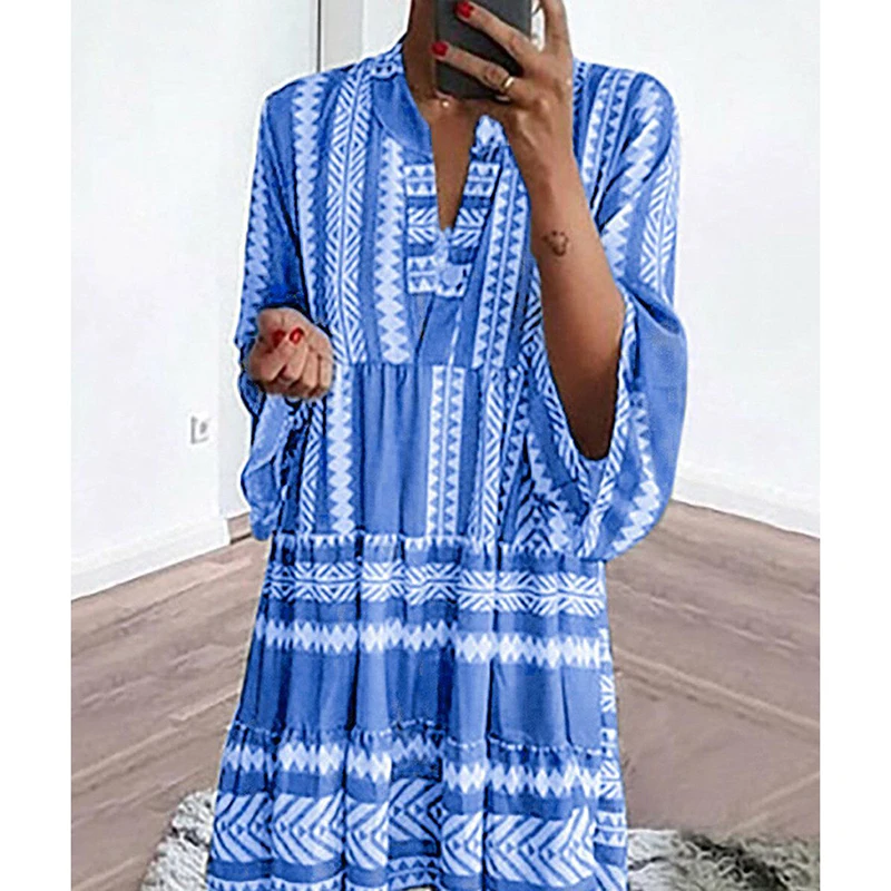 2019 Boho Платье женское повседневное v-образным вырезом с длинным рукавом