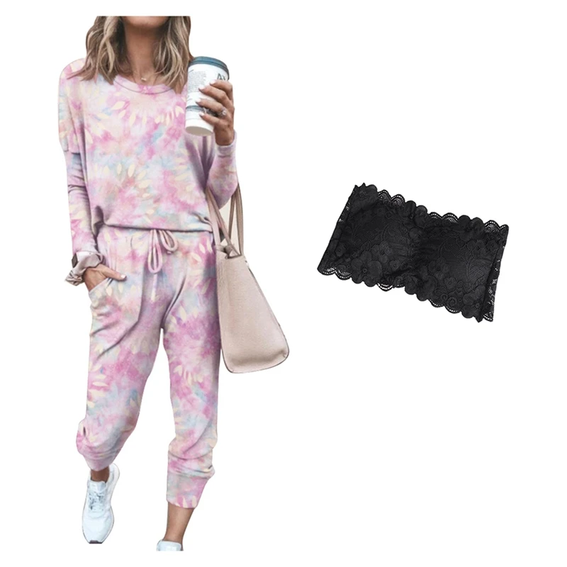 

Women's All-Match Short Underwear Lace Wrap One Size & Tie Dye Printing Round Neck Long Sleeve Homewear Suit Pink L Size