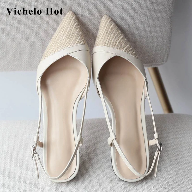 

Vichelo Hot cow leather pointed toe med heel summer brand shoes handmade breathable young lady elegant fashion sandals women L23