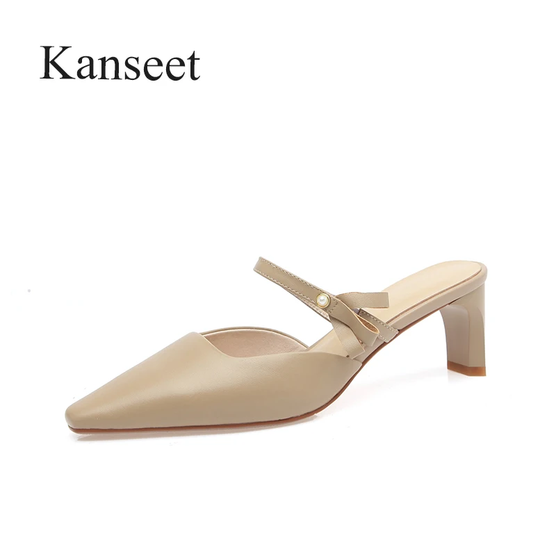 

Женские туфли без задника Kanseet, летние популярные туфли из натуральной кожи, модные туфли ручной работы, телесного и белого цвета на высоком ...
