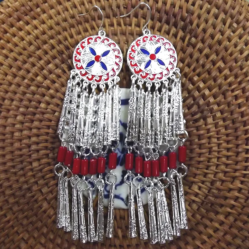 

CHINESE ETHNIC STYLE VINTAGE CIRCLE TASSEL SLIVER EXAGGERATED EARRINGS FOR WOMEN RETRO PORCELAIN BEADS DROP OIL FEMALE JEWELRY