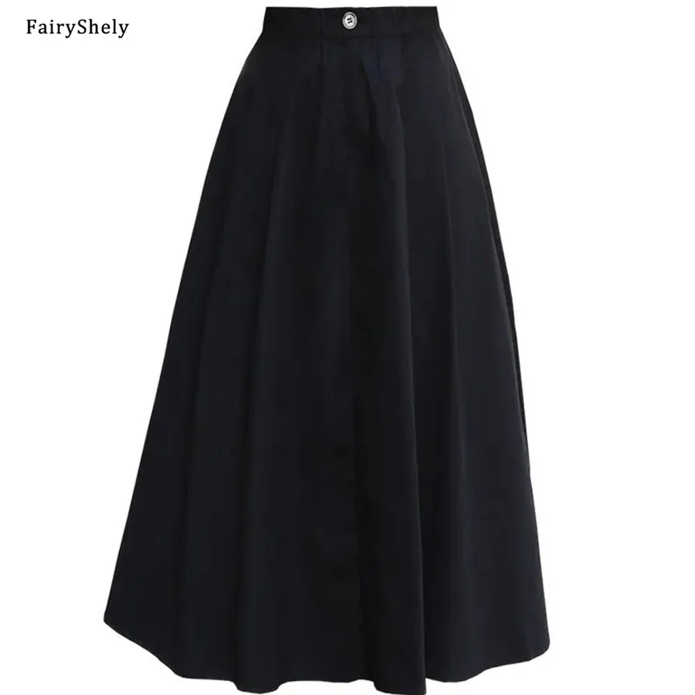 

FairyShely 2021 Pocket Midi Skirt Women New Spring Summer Casual Skirt Elastic Band High Waist Skirt Office Plus size Skirt 4XL