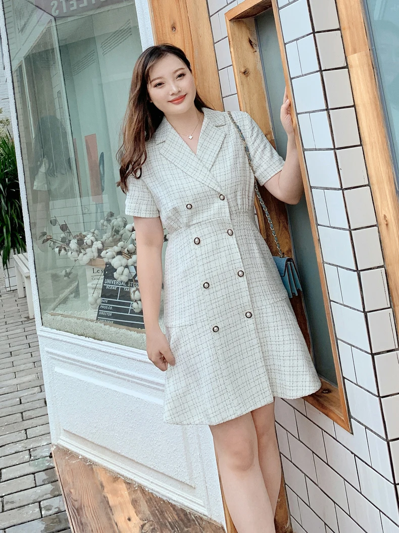 

2021 Spring Fashion Women Plus Size Elegant Notched Short Sleeve Double Breasted High Waist Mini Dress