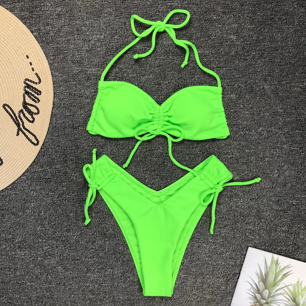 Одноцветный бюстгальтер пуш-ап с подкладкой пляжный комплект бикини бандаж