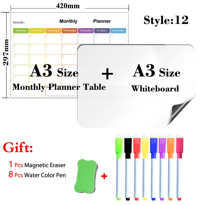 2 шт., магнитная доска для еженедельного планировщика формата A3, 8 цветов