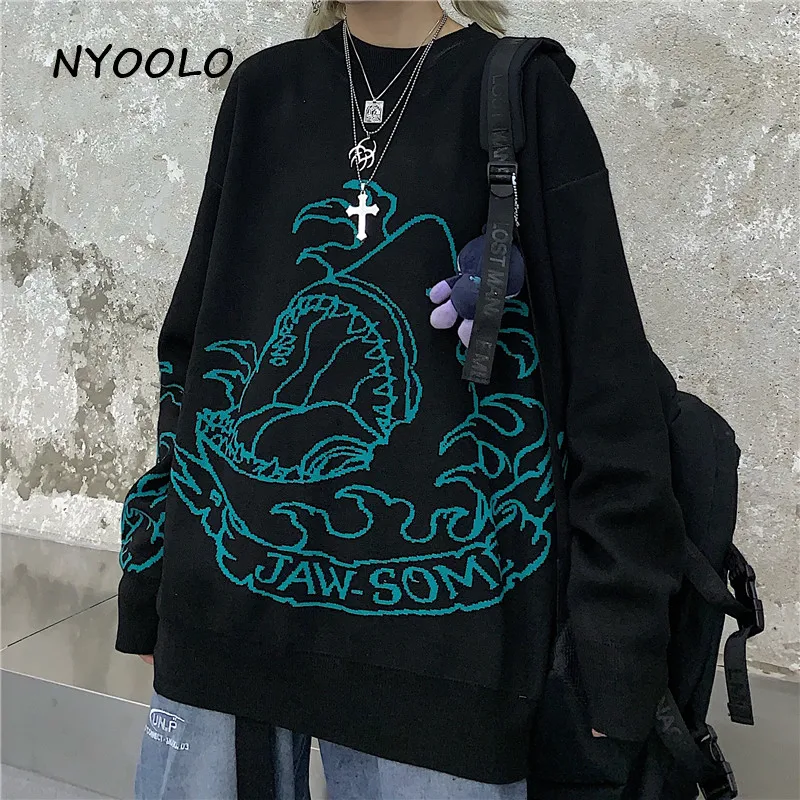 NYOOLO/Винтажные уличные плотные теплые свитера с рисунком акулы; осенне-зимние пуловеры с круглым вырезом; вязаные свитеры женские топы