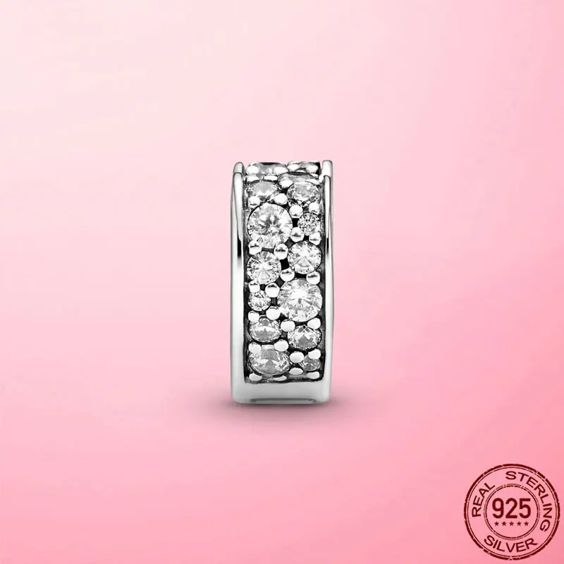 

925 Sterling Silver Classic Beads Clear CZ Heart Clip Charm Fit Original Pandora Bracelet DIY Jewelry Female Gift Fine Jewelry