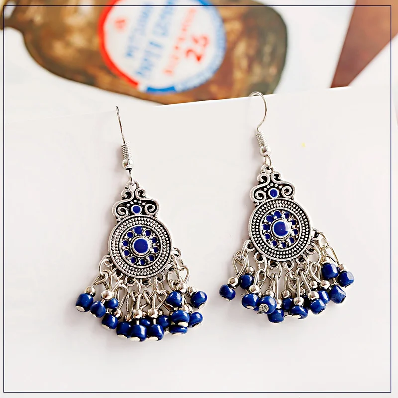 Женские серьги подвески Jhumki с синими бусинами в стиле ретро индийские украшения