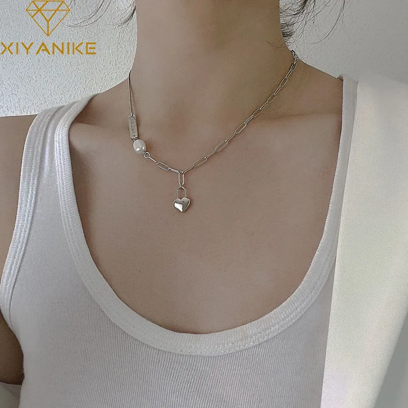 

XIYANIKE Silver Color Love Heart Lock Irregular Chain Letter Pearl Necklace Female Charm Trendy Jewelry Birthday Gift
