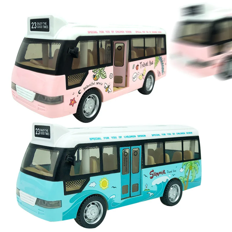 

School Bus Sound Light Tour Blue Pink Bus Model Boy Toy Diecasts Can Open The Door Cars Toy Decoration Play Vehicles For Gift