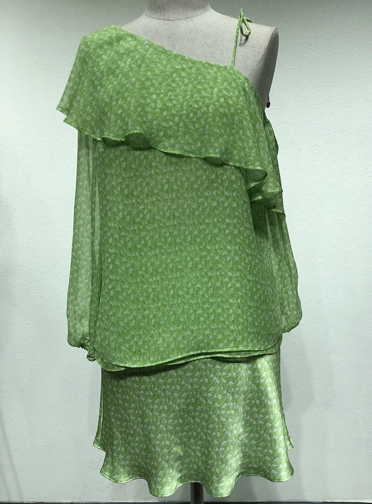 Женская шелковая атласная мини-юбка с цветочным принтом и длинным рукавом косой