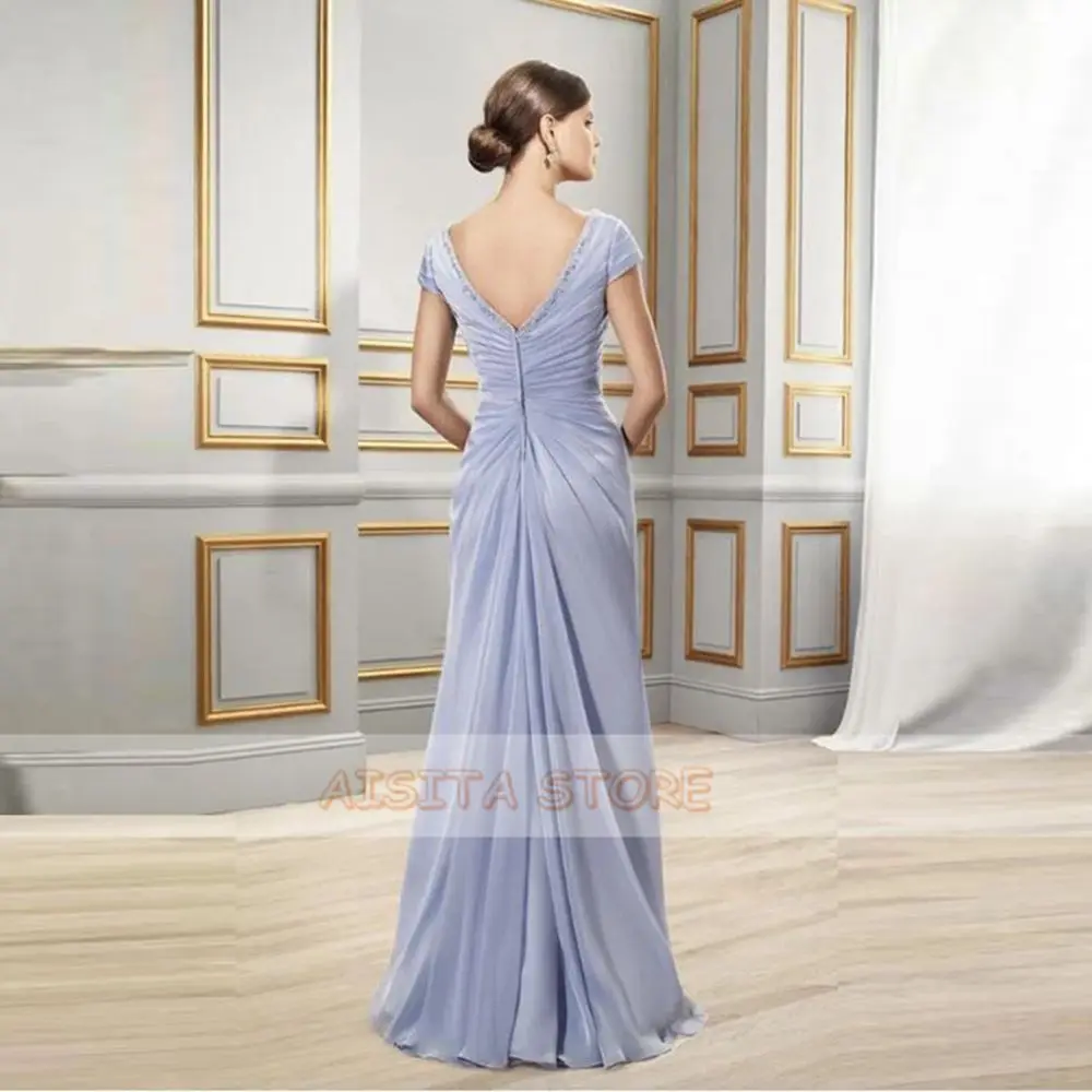 

Modern Elegant Sheath Mother of the Bride Dresses 2021 Short Sleeve V Neck Wedding Backless Chiffon Guest Gowns Plus Size