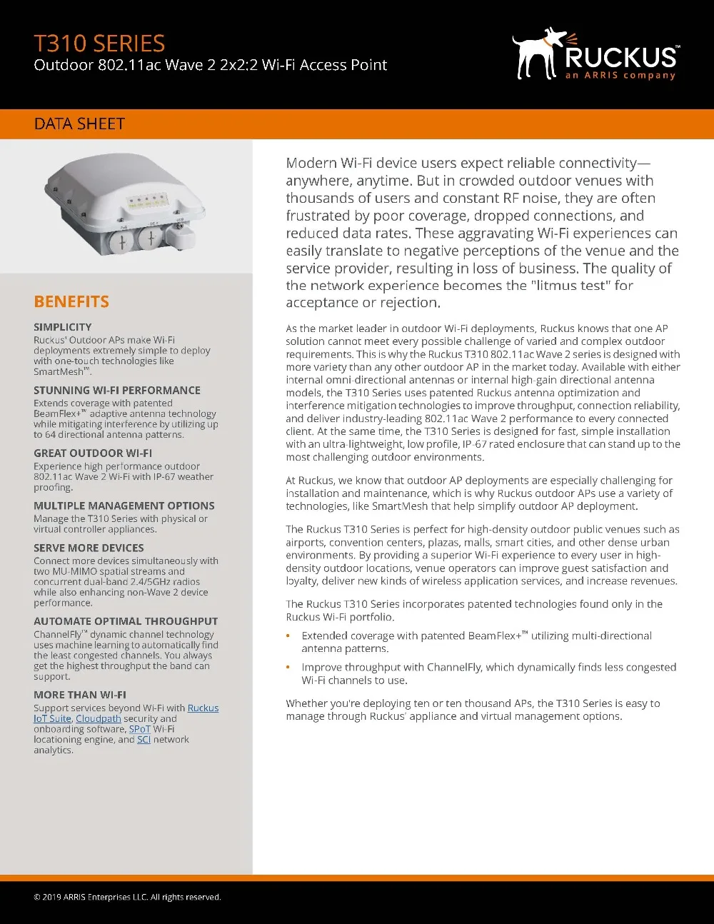 Ruckus wireless ZoneFlex T310c 901-T310-WW20(T310c, T310d, T310n, T310s) Наружная точка доступа 802.11AC, 2x2: 2 BeamFlex+ Двухдиапазонная