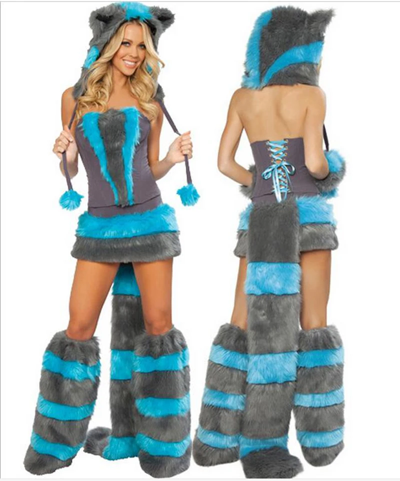 Модный меховой синий и серый женский косплей Волк животные сексуальный