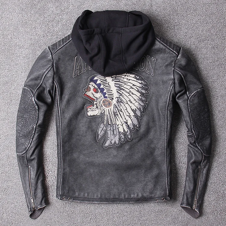 

Мужская кожаная куртка с капюшоном, винтажная мотоциклетная куртка из коровьей кожи с индийским узором и воротником-стойкой, индивидуальны...