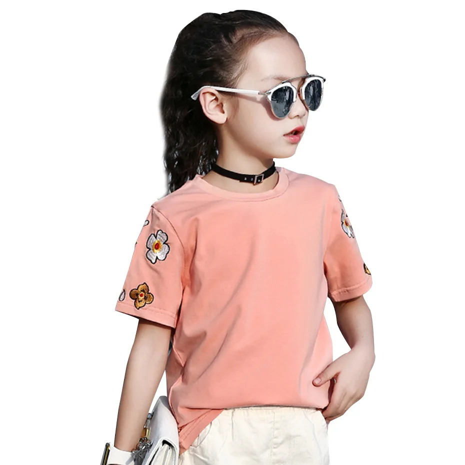 Футболка для девочек с мультяшной вышивкой футболка летние короткие детские