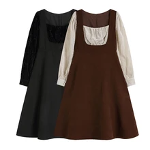 Vestidos de estilo francés para mujer, falda de Base avanzada con manga flocada y flor quemada con cuello cuadrado, novedad, Otoño e Invierno (4)