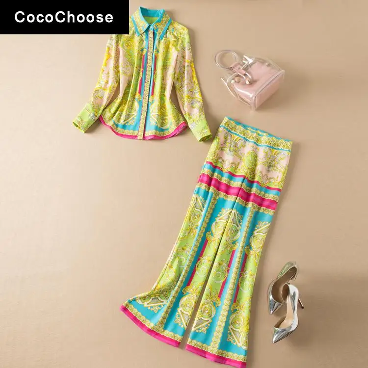 

2022 Spring Runway Pants Clothing Set Women Designer Fashion Color Block Indie Folk Print Lapel Shirts + Wide Leg Pants Suits