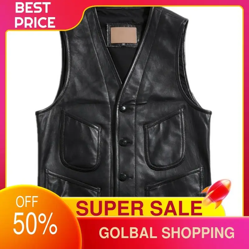 

2021 Black Japan Casual Style Genuine Leather Vest Men Plus Size 6XL Single Breasted Real Natural Sheepskin Spring Short Coat