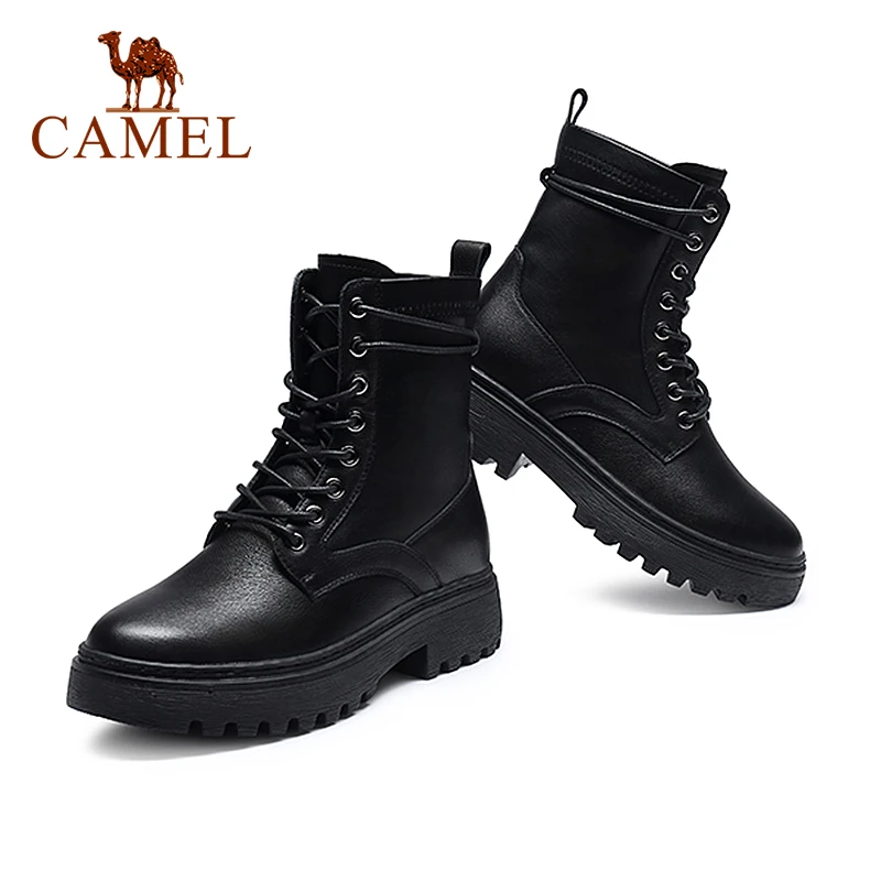 

CAMEL Women Leather Motorcycle Boots Short Boots Female British Style Mid-tube Buckle Lace up Fashion Ladies Shoes 2021 New