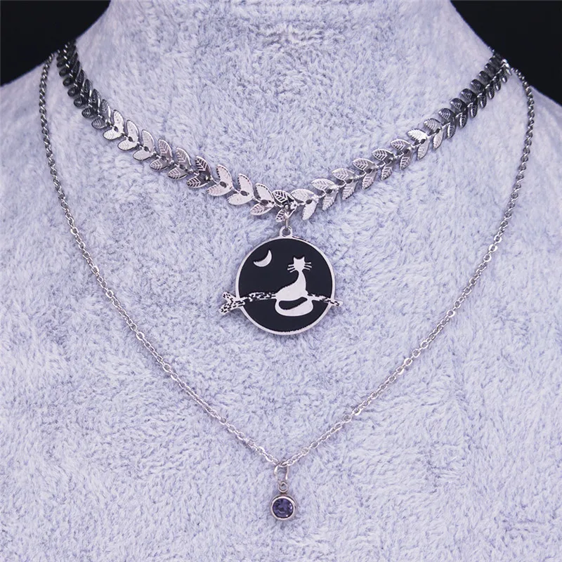 Многослойное ожерелье из нержавеющей стали с котом 2021 для женщин серебряное