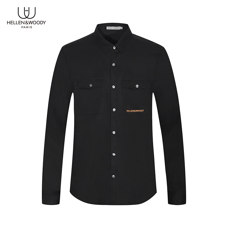 HELLEN&WOODY Luxury Casual Shirts 100% Cotton Mens Fashion Clothing Regular Fit Black Tops Tees