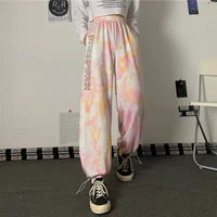 fashion casual harajuku jogging pants sports womens trousers all match elastic high waist tie dyed loose straight leg trousers