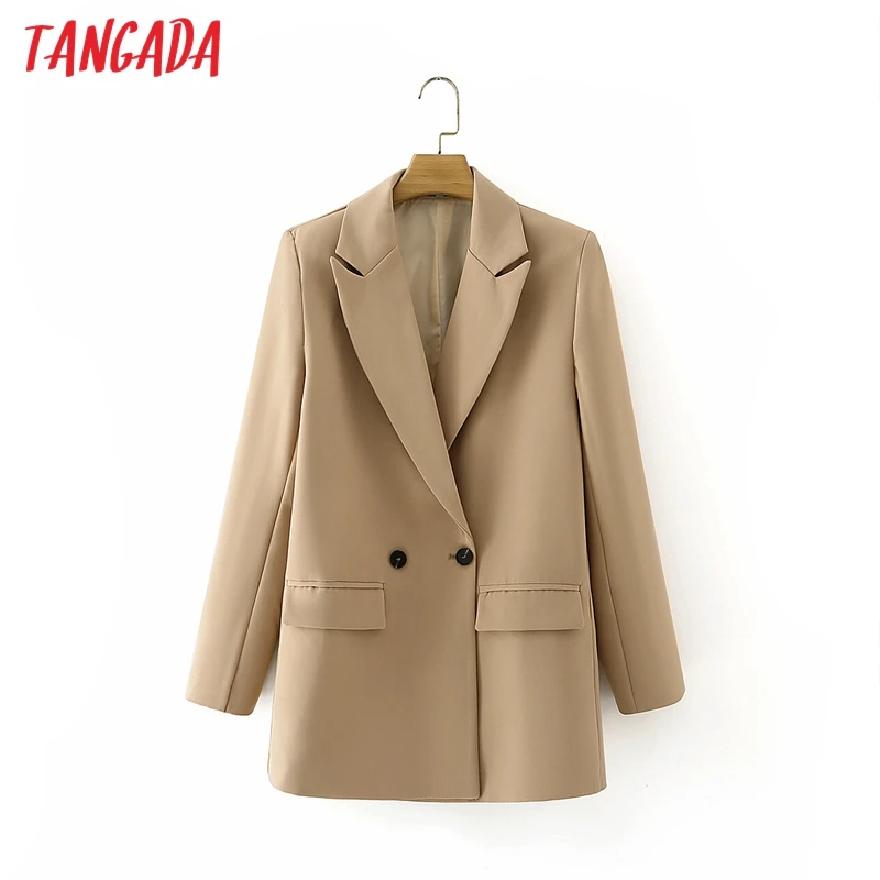 

Tangada Women Khaki Blazer Coat Vintage Notched Collar Pocket 2021 Fashion Female Casual Chic Tops DA02