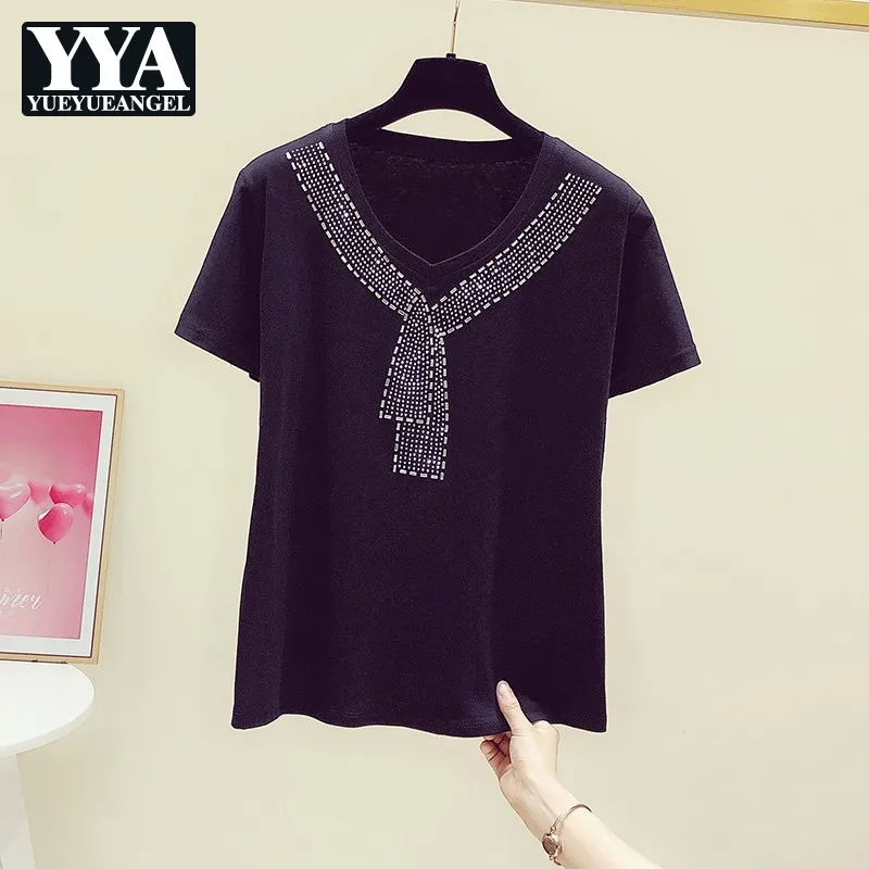 

Women Fashion Diamond Bow V-Neck Short Sleeve T Shirt Summer Leisure Tops Street Office O-Neck Loose Fit T Shirt Female S-XL