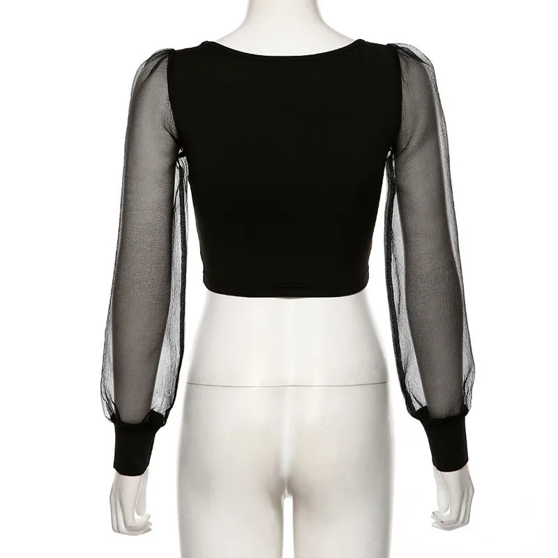 

Elegant Women Lace Mesh Puff Sleeve Crop Tops Shirt Solid Long Sleeve Square Collar Blouse Classic Female Blouses Crop Tops