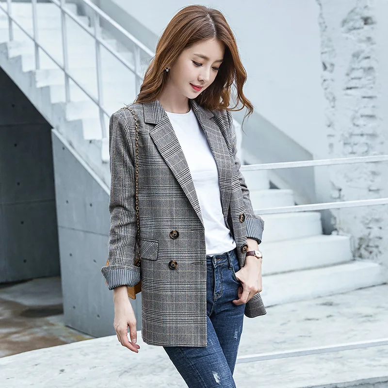 Модный клетчатый маленький костюм куртка с длинным рукавом пальто для женщин