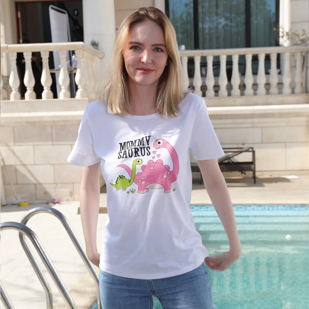 

MUMU Family Matching Outing Dinosaur Print White Short Sleeve T-Shirt Family Set Mom and Daughter Matching Clothes