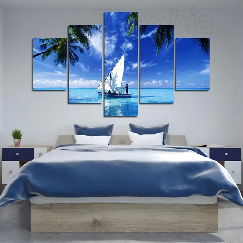 

Landscape Painting Home Decoration White Sailboat Wall Art Canvas Poster Hd Printing for Bedroom and Living Room Frameless Style