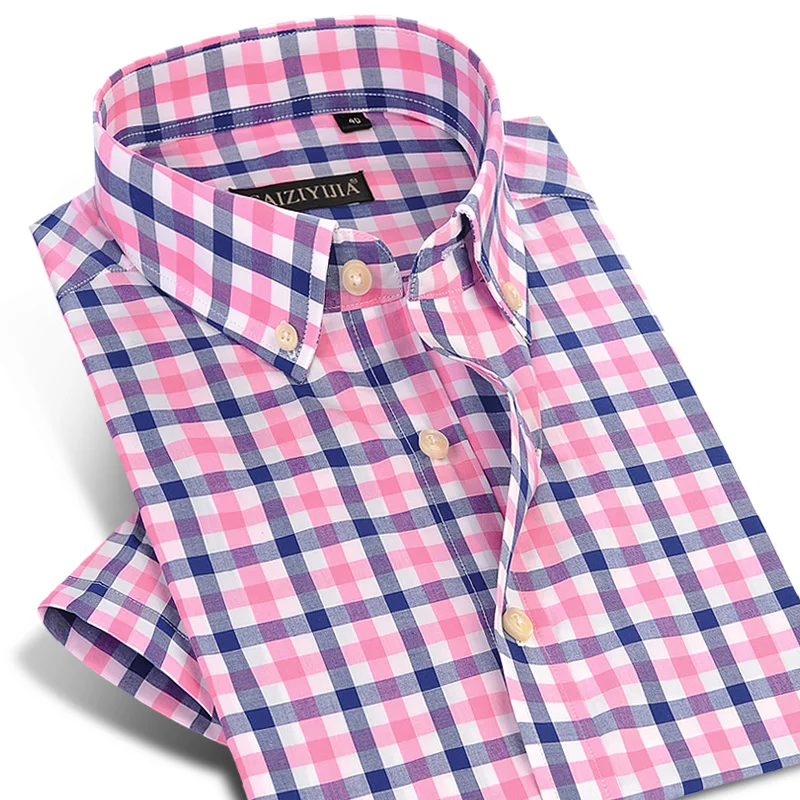 

England Style Plaid Checked Cotton Men Shirts Pocket-less Design Short Sleeve Summer Casual Standard-fit Button-down Thin Shirt