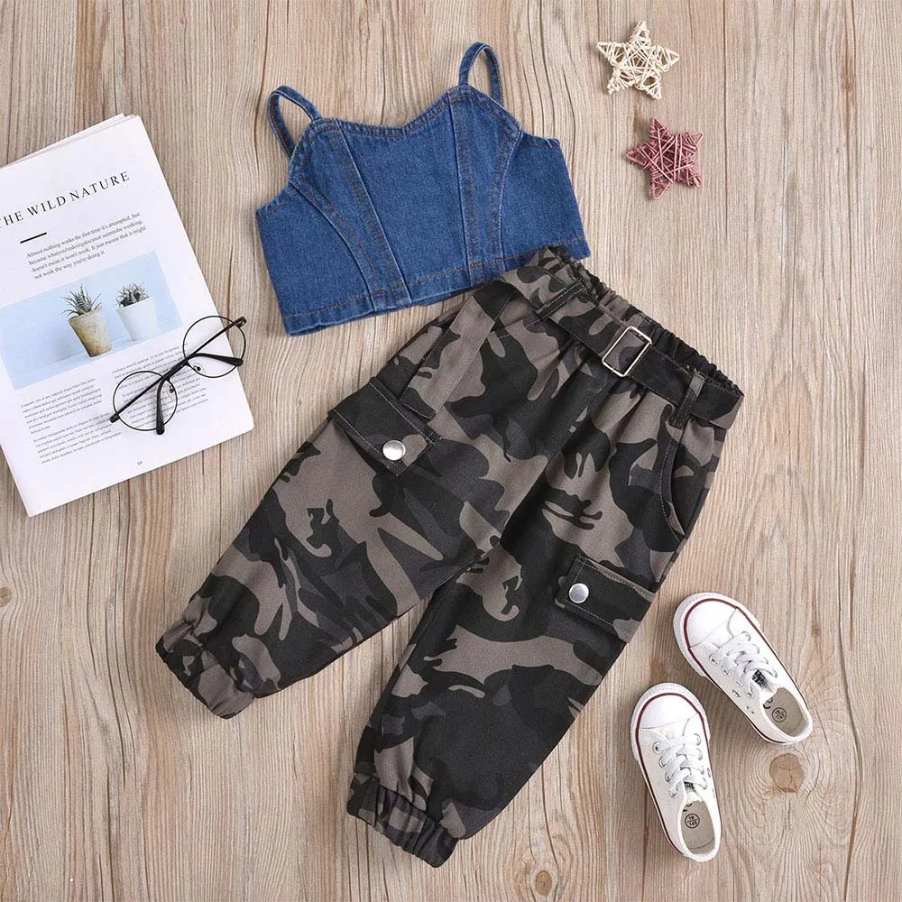 

Children Sets Baby Girl Summer Cool Clothing Suits New Fashion Toddler Kids Casual Denim Vest Tops and Camouflage Pants Clothes