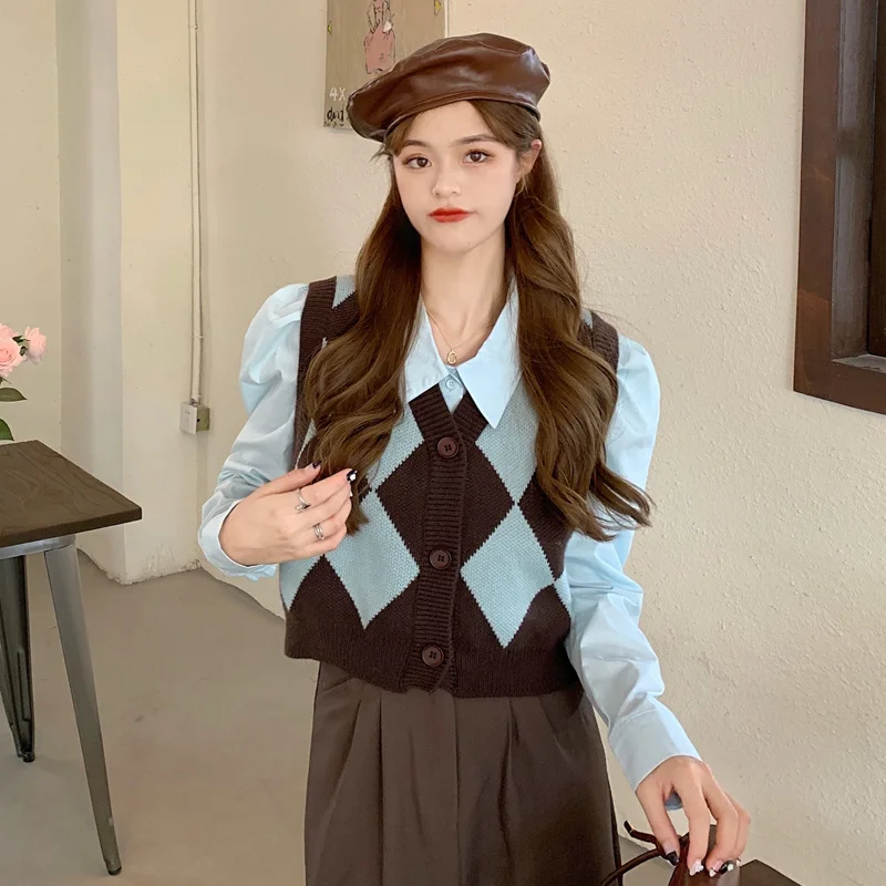 

Sweater Vest Women New Korean Version Solid Color Long Sleeve Shirt Plaid Knitted Cardigan Vest Two-piece Set