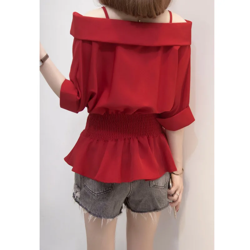

Nkandby Plus Size Women Slash Neck Blouse 2021 Summer Fashion Chiffon Short Sleeve Waist Banding Shirt Sweetoff The Shoulder Top