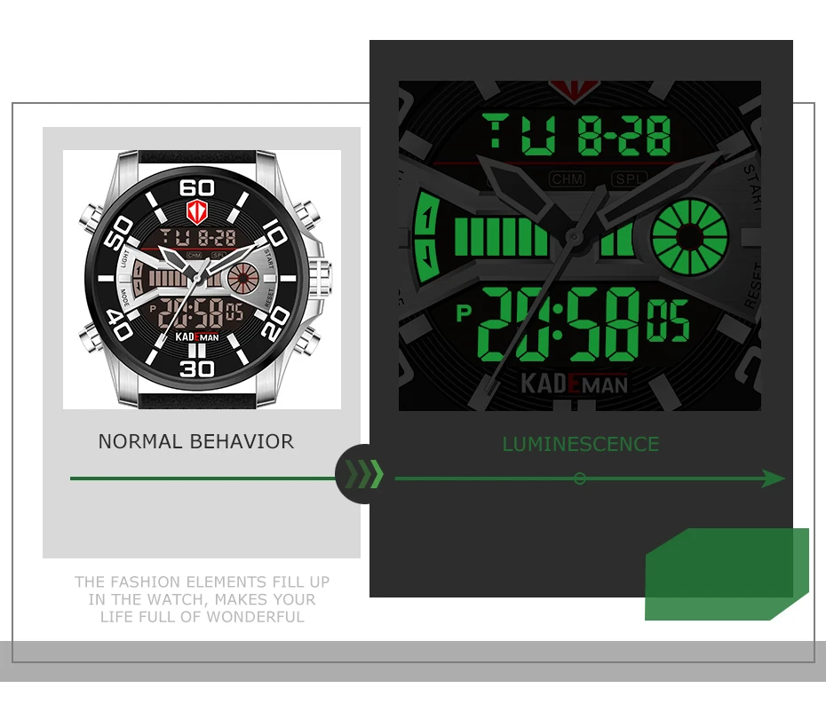 New Men Watch TOP Quality Sport Watch 3ATM LED Display Tech Wristwatch KADEMAN Fashion Brand Design Casual Leather Clcok Relogio