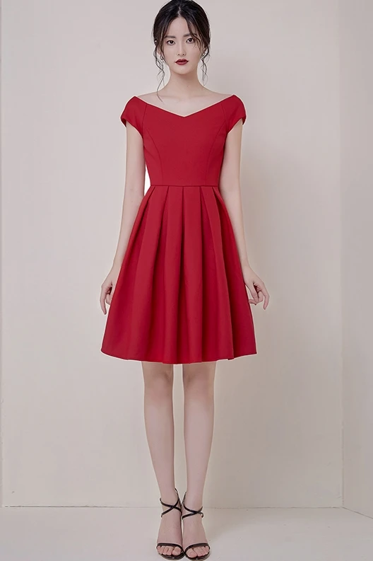 

COIGARSAM Vintage Women dress New Summer V-Neck Dresses Red 320