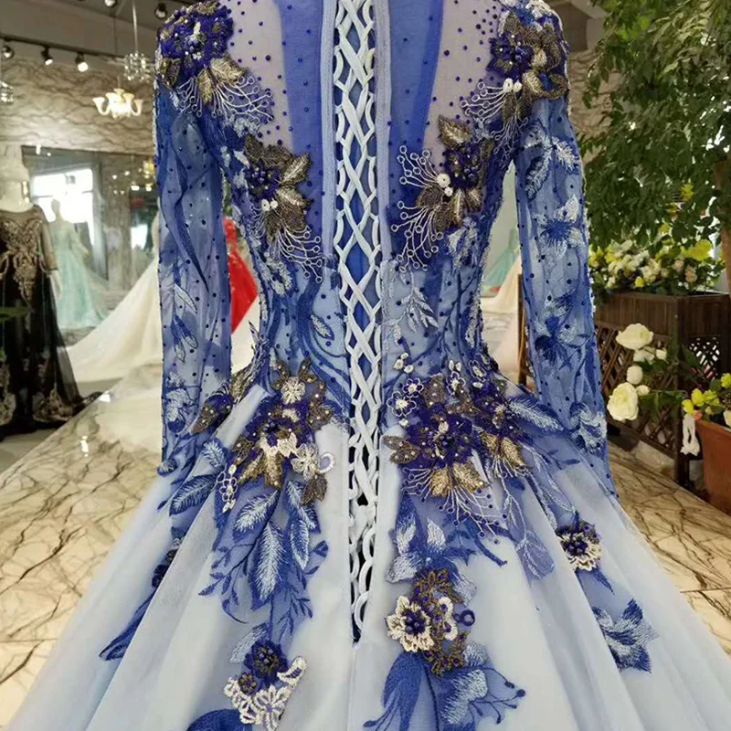 LSS1009 синее платье для мамы невесты с круглым вырезом и длинными рукавами из тюля