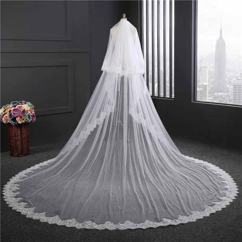 

NZUK Real Photos 2 Layers Sequins Lace Bridal Veil 3.5 Meters Cathedral Woodland Wedding Veils with Comb velos de novia