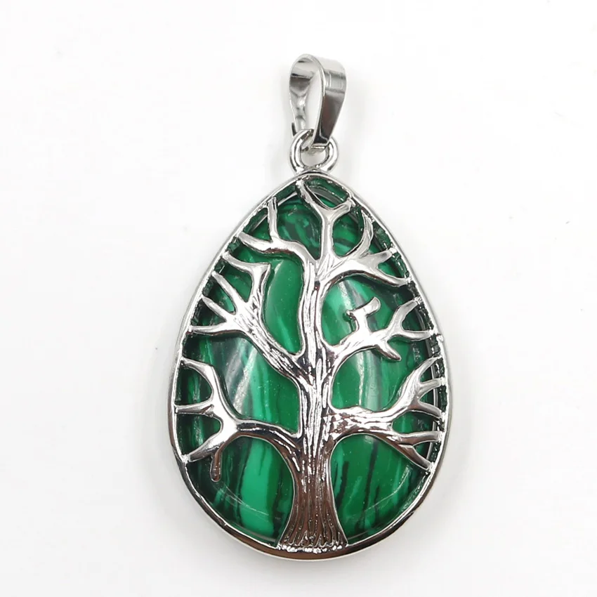 

FYSL Silver Plated Tree of Life Water Drop Malachite Stone Pendant Lapis Lazuli Charm Jewelry