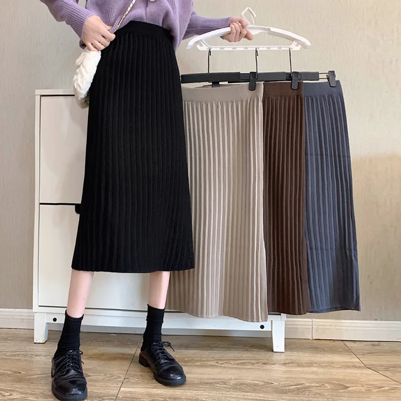 

Women Warm Knitted Black Pencil Skirts Korean Spring Office Skirt Ladies High Waist Split Fork Elegant Long Skir Party Club Wear
