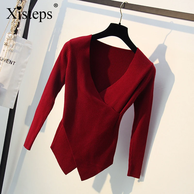 

Женский трикотажный свитер Xisteps с V-образным вырезом и длинным рукавом, пуловер, облегающие рубашки, асимметричная блузка, Женский Повседнев...