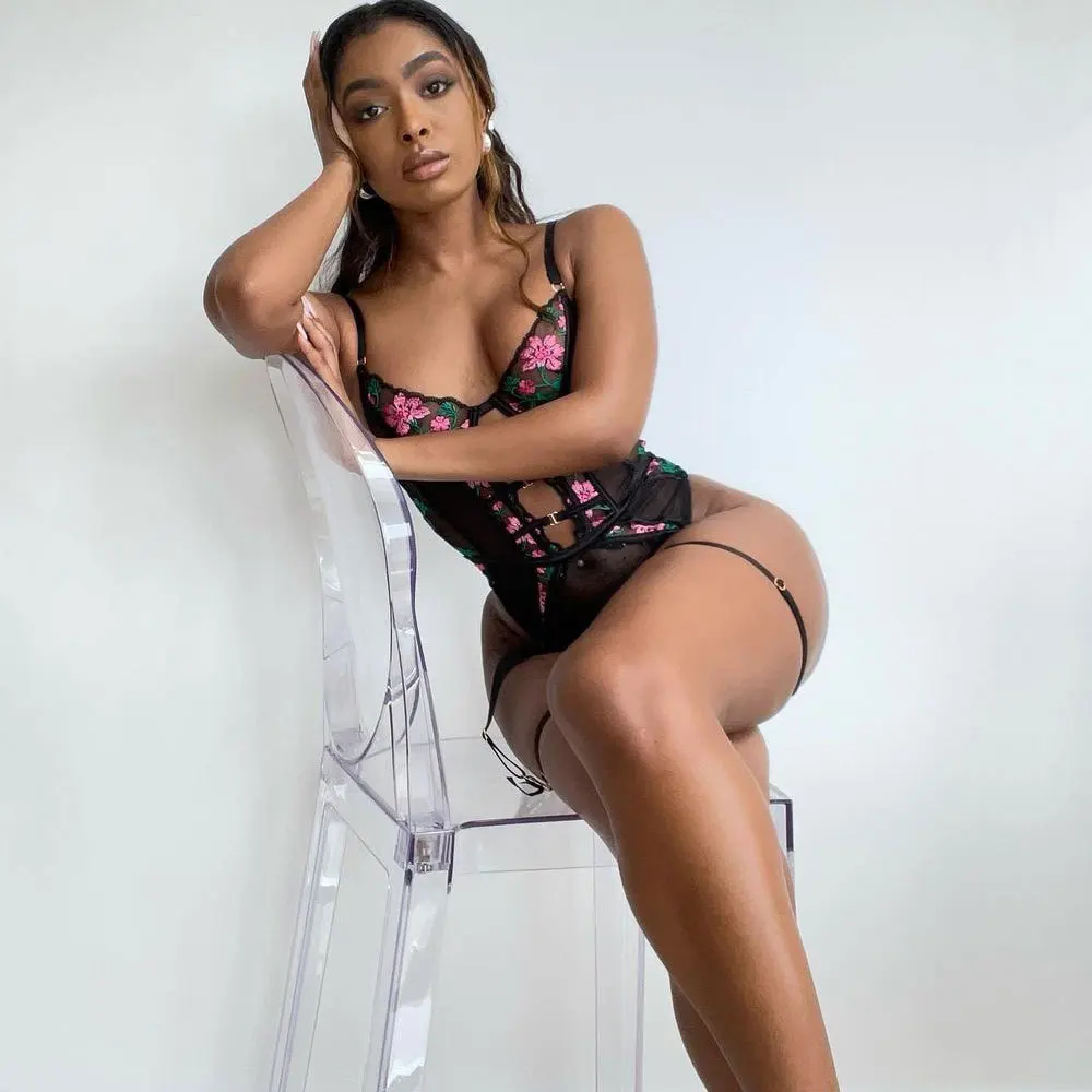 

Black Body Suits Women Floral Embroidery Lace Lingerie Bodysuit Embroidery Hollow Open Crotch Babydoll Erotic Costume Porno Wear