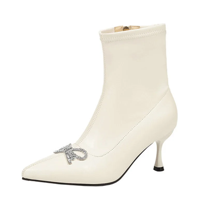 

Shoes Stiletto White Wedding Boots High Heel Diamond Bridal Pointed Toe Ankle Luxury Beige Stretch Women Bridesmaid