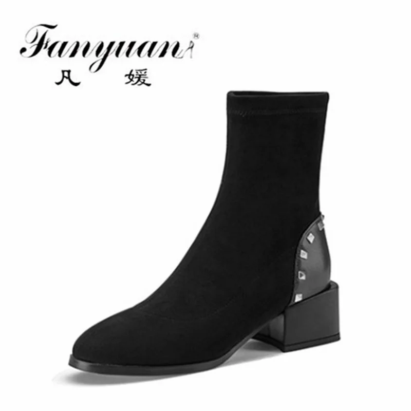 

Fanyuan New Arrival Rivets Genuine Leather Women Ankle Boots Autumn Winter Office Casual Fashion Concise High Heels Shoes Woman